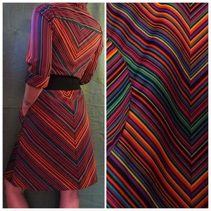 Vintage 1970s Rainbow Chevron Striped Dress 70s